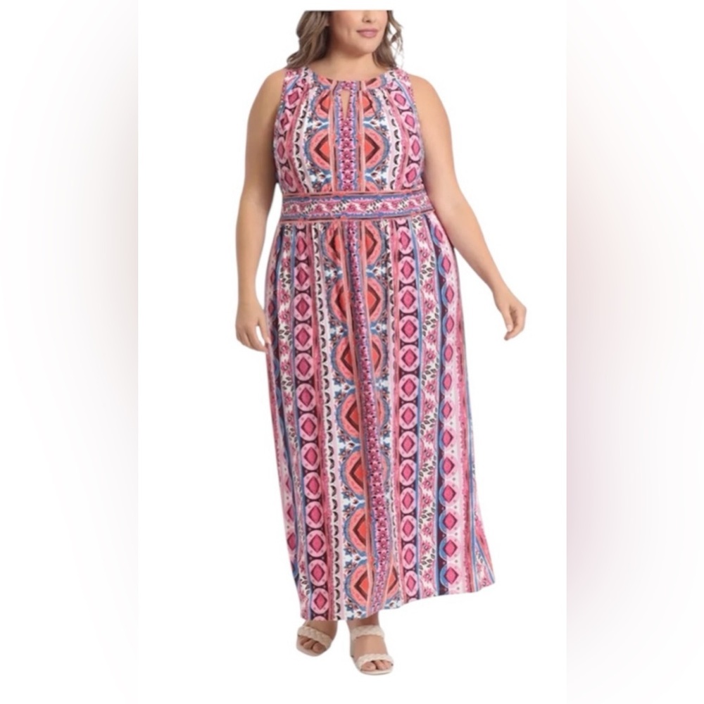 London Times Pink and White Scoop Neck Maxi Sundress